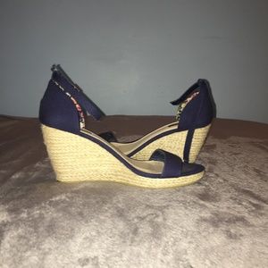 Navy Blue Open-Toe Skinny Strap Wedges